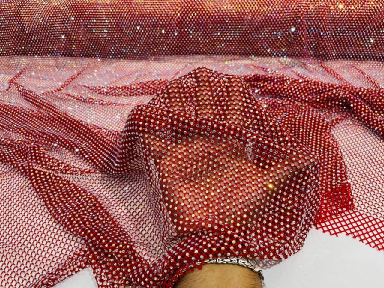 1 Yard Sparkly AB Rhinestone Fishnet Fabric Stretch Mesh for Costumes, Décor, and Apparel